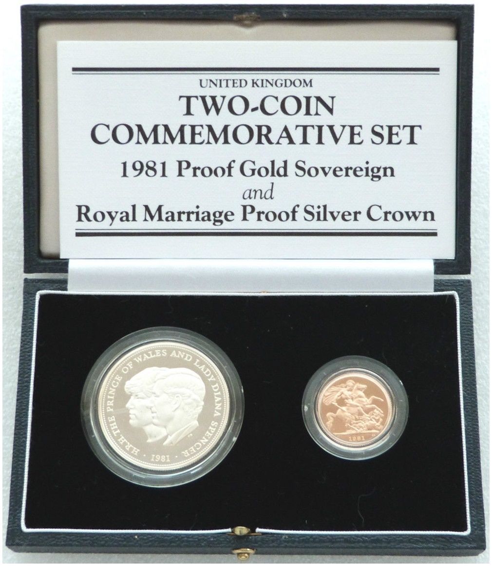 1981 Royal Wedding Full Sovereign Gold Proof 25p Silver Proof Crown 2 Coin Set Box Coa