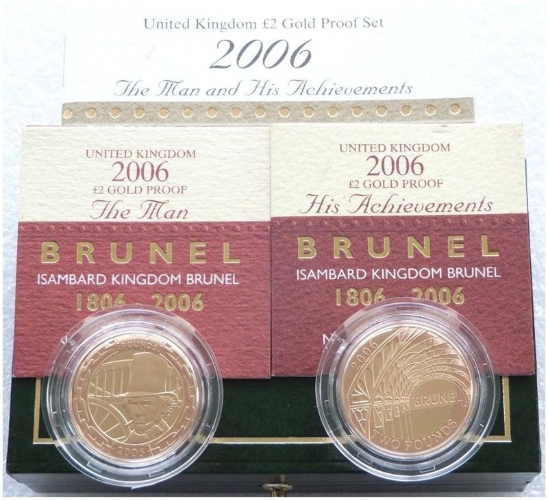 2006 Isambard Brunel £2 Gold Proof 2 Coin Set Box Coa 2006 Isambard Brunel £2 Gold Proof 2 Coin Set Box Coa