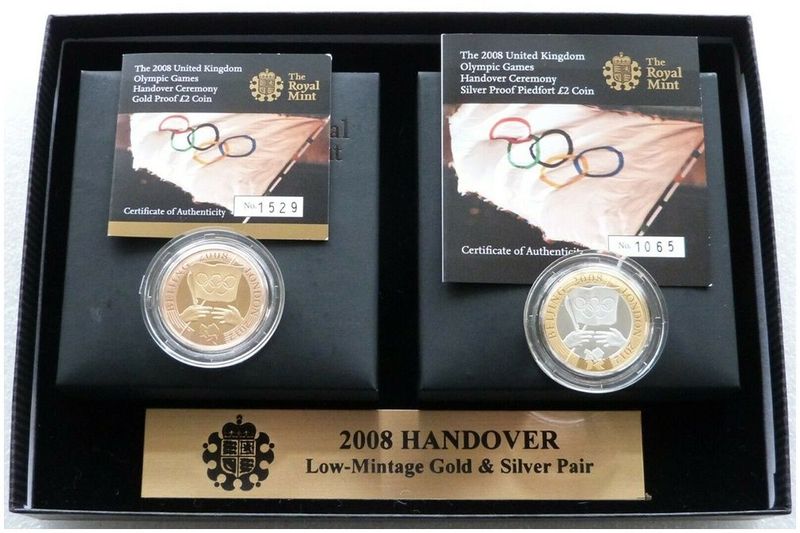 2008 Olympic Games Handover Ceremony £2 Gold Proof Piedfort Silver Proof 2 Coin Set Box Coa
