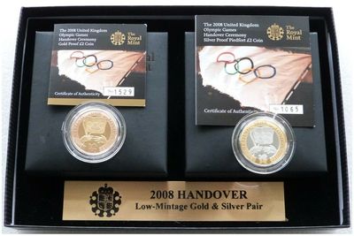 2008 Olympic Games Handover Ceremony £2 Gold Proof Piedfort Silver Proof 2 Coin Set Box Coa