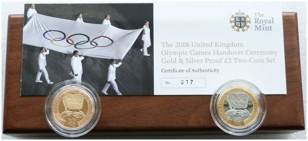 2008 Olympic Games Handover Ceremony £2 Gold Silver Proof 2 Coin Set Box Coa