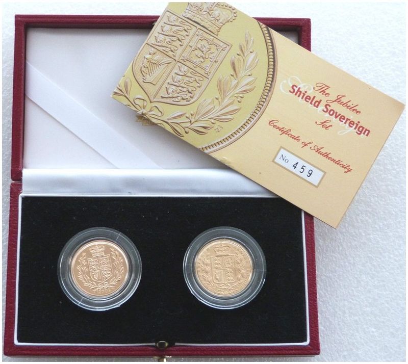 2002 Jubilee Shield Full Sovereign Gold 2 Coin Set Box Coa