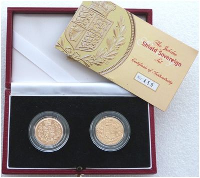 2002 Jubilee Shield Full Sovereign Gold 2 Coin Set Box Coa