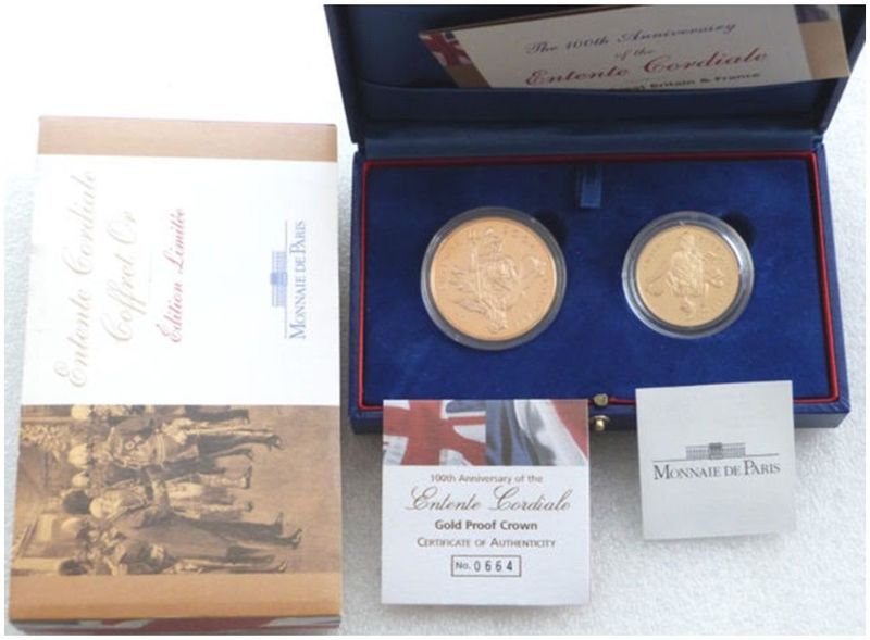 2004 United Kingdom France Entente Cordiale 100th Anniversary Gold Proof 2 Coin Set Box Coa