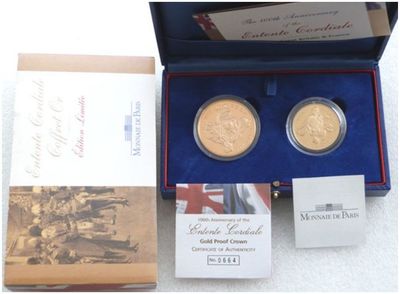 2004 United Kingdom France Entente Cordiale 100th Anniversary Gold Proof 2 Coin Set Box Coa