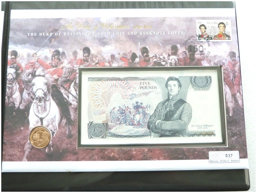 2002 Alderney Duke of Wellington £25 Gold Proof Coin £5 Banknote First Day Cover
