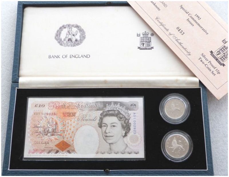 1992 Deluxe 10p Silver Proof 2 Coin £10 Banknote A01 Set Box Coa