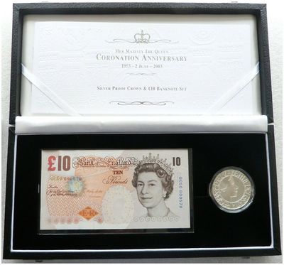 2003 Coronation Jubilee £5 Silver Proof Coin £10 Banknote Set Box Coa