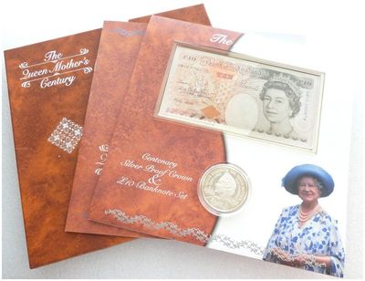 2000 Queen Mother Centenary £5 Silver Proof Coin £10 Banknote Set