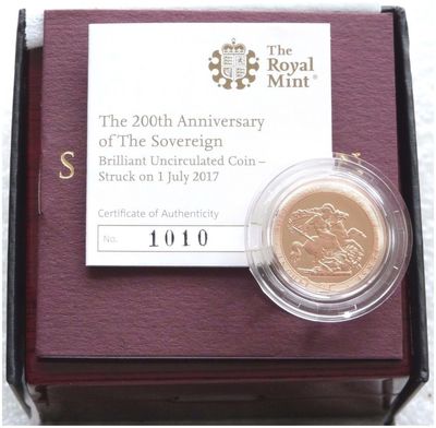 2017 Struck on the Day Pistrucci Full Sovereign Gold Coin Box Coa - Plain Edge