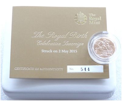 2015 Struck on the Day Princess Charlotte Royal Birth Full Sovereign Gold Coin Box Coa