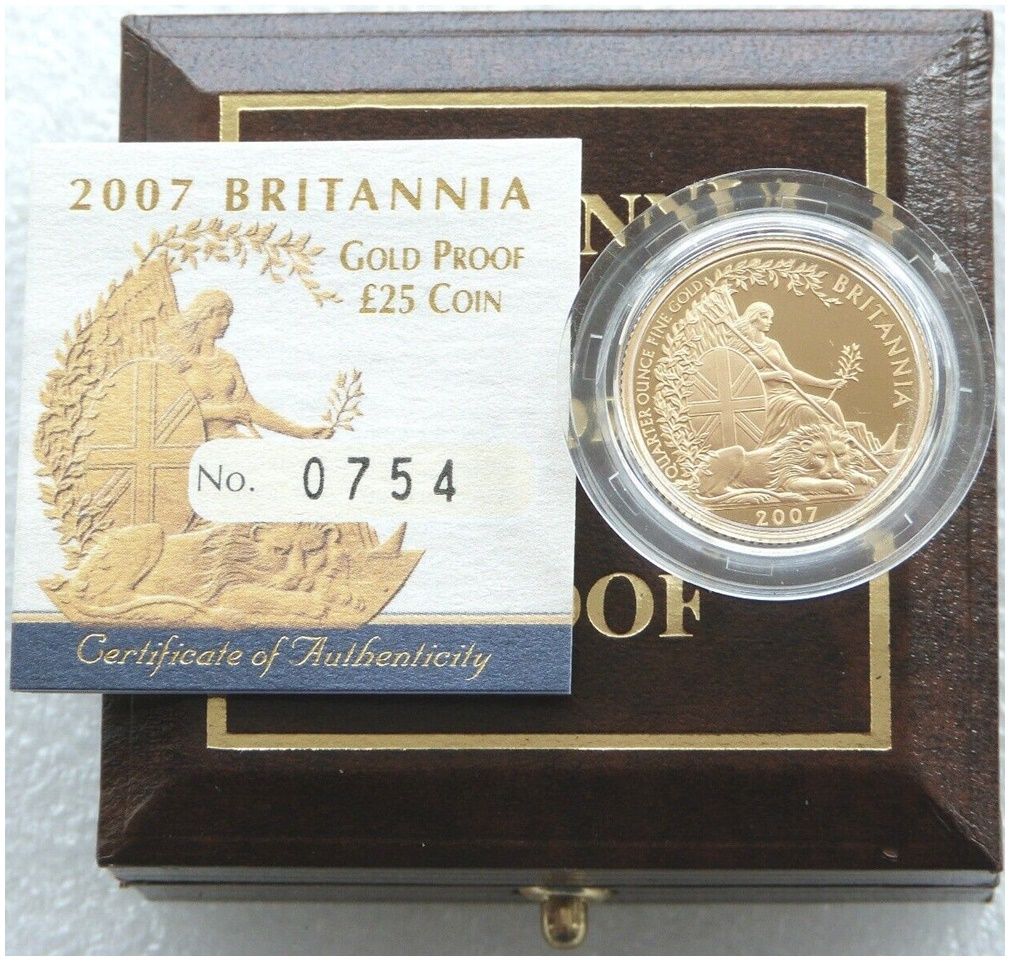 2007 Britannia £25 Gold Proof 1/4oz Coin Box Coa