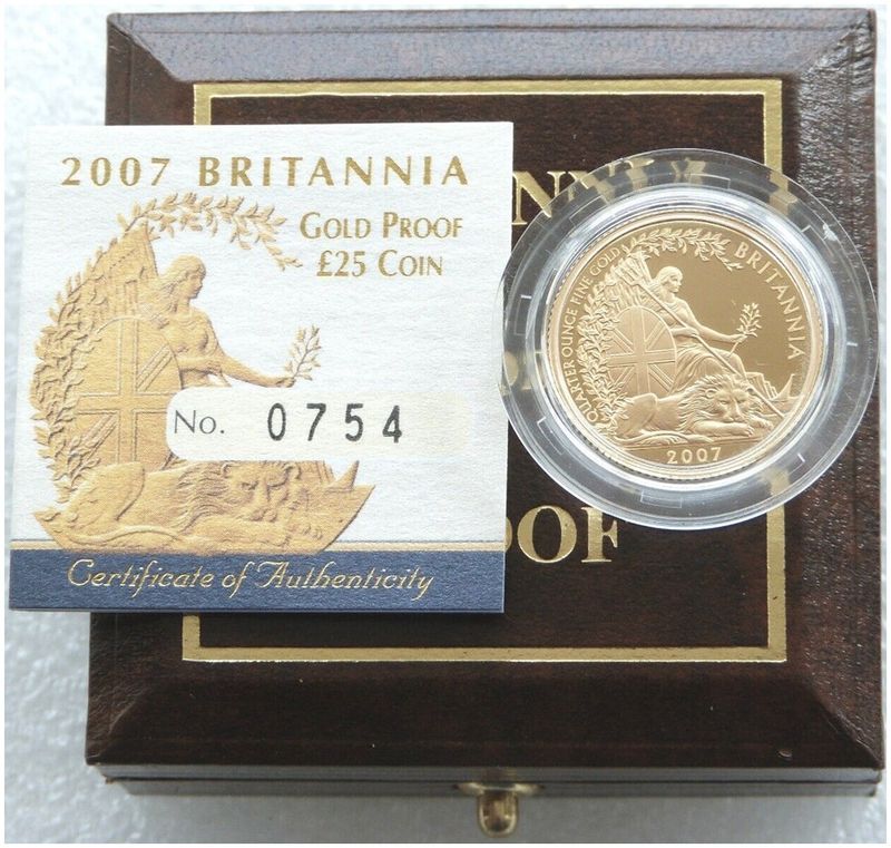 2007 Britannia £25 Gold Proof 1/4oz Coin Box Coa
