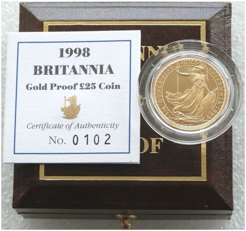 1998 Britannia £25 Gold Proof 1/4oz Coin Box Coa