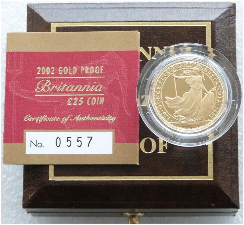 2002 Britannia £25 Gold Proof 1/4oz Coin Box Coa