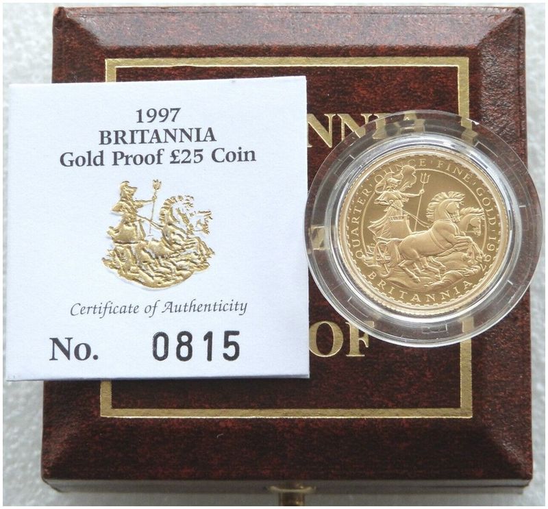 1997 Britannia £25 Gold Proof 1/4oz Coin Box Coa