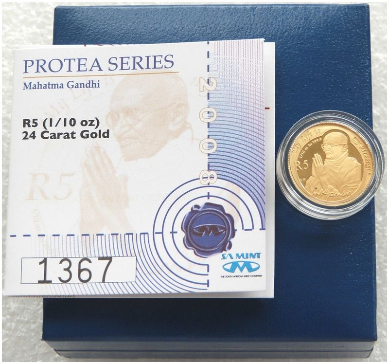 2008 South Africa Protea Gandhi 5 Rand Gold Proof 1/10oz Coin Box Coa