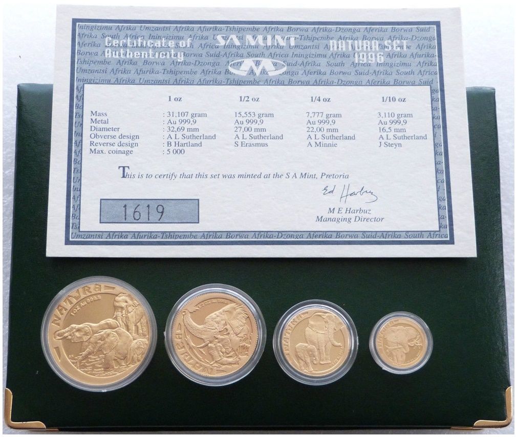 1996 South Africa Natura Elephant Gold Proof 4 Coin Set Box Coa