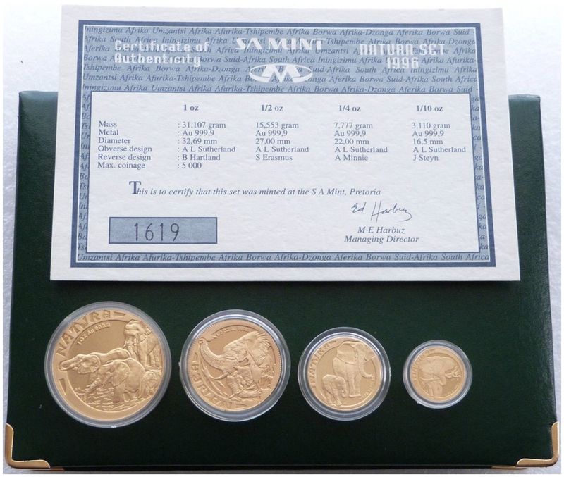 1996 South Africa Natura Elephant Gold Proof 4 Coin Set Box Coa