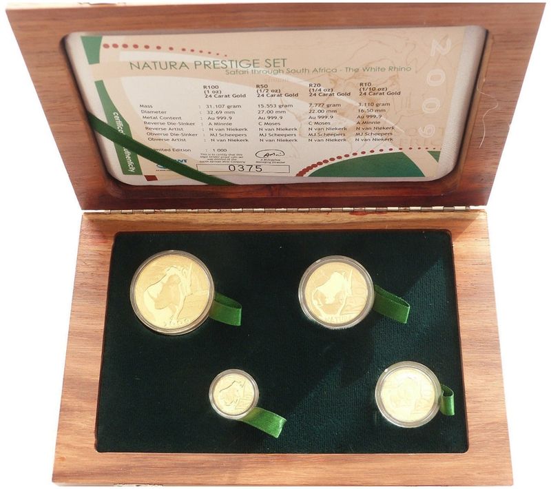 2009 South Africa Prestige Natura White Rhino Gold Proof 4 Coin Set Box Coa - Mintage 760
