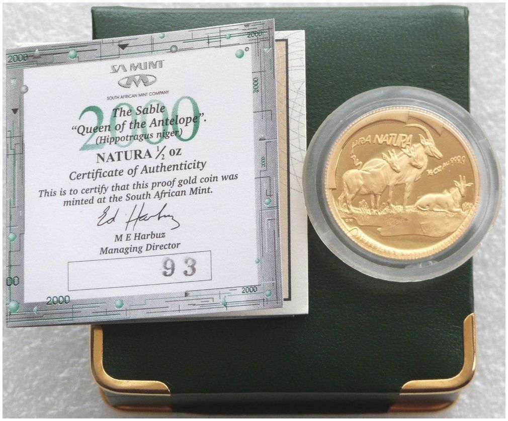 2000 South Africa Natura Sable Gold Proof 1/2oz Coin Box Coa
