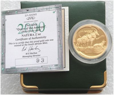 2000 South Africa Natura Sable Gold Proof 1/2oz Coin Box Coa