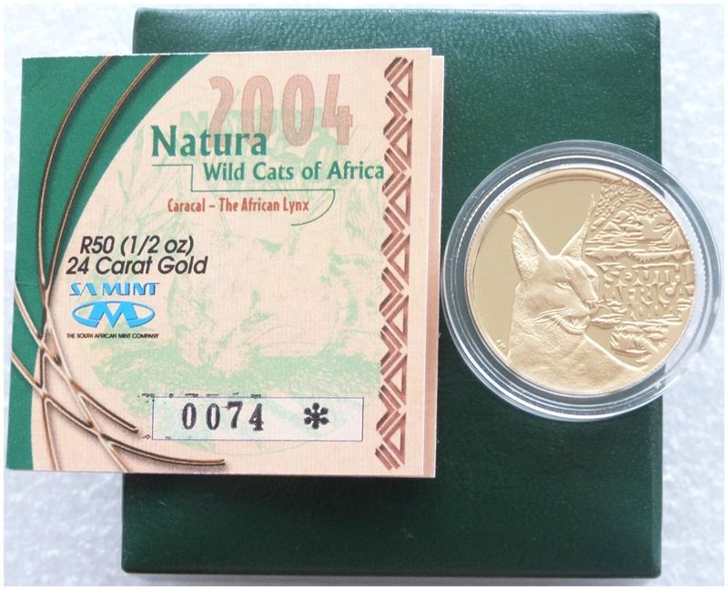 2004 South Africa Natura Caracal 50 Rand Gold Proof 1/2oz Coin Box Coa