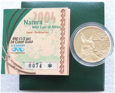 2004 South Africa Natura Caracal 50 Rand Gold Proof 1/2oz Coin Box Coa