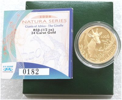 2006 South Africa Natura Giraffe 50 Rand Gold Proof 1/2oz Coin Box Coa