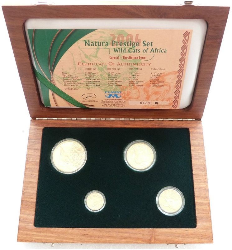 2004 South Africa Prestige Natura Caracal Gold Proof 4 Coin Set Box Coa