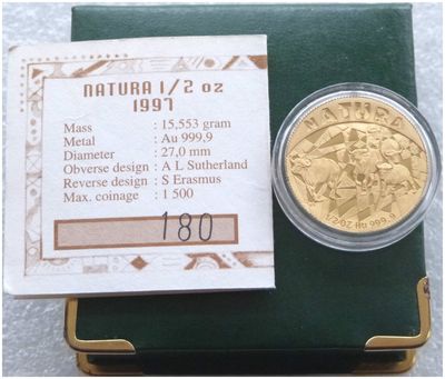 1997 South Africa Natura Buffalo Gold Proof 1/2oz Coin Box Coa