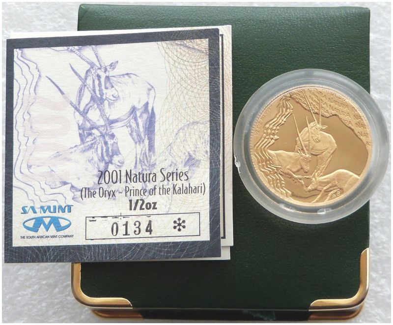 2001 South Africa Natura Oryx Gold Proof 1/2oz Coin Box Coa