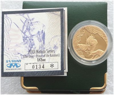 2001 South Africa Natura Oryx Gold Proof 1/2oz Coin Box Coa
