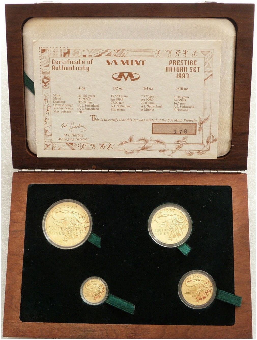 1997 South Africa Prestige Natura Buffalo Gold Proof 4 Coin Set Box Coa