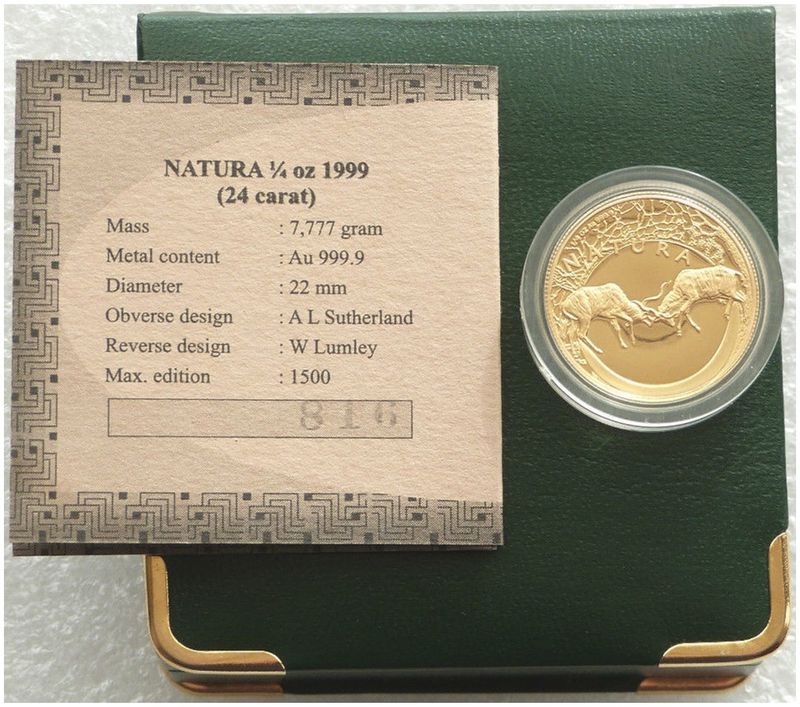 1999 South Africa Natura Kudu Bull Gold Proof 1/4oz Coin Box Coa