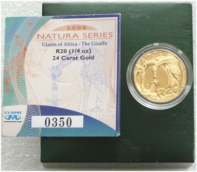 2006 South Africa Natura Giraffe 20 Rand Gold Proof 1/4oz Coin Box Coa