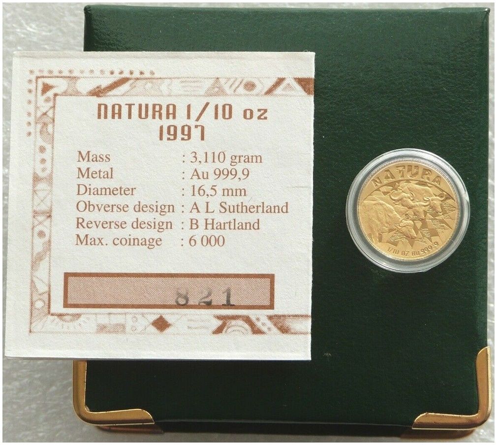 1997 South Africa Natura Buffalo Gold Proof 1/10oz Coin Box Coa