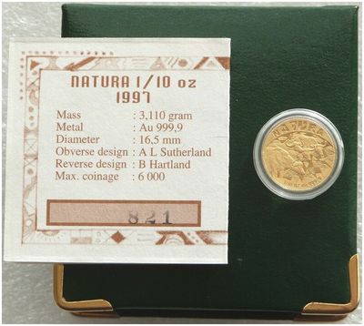 1997 South Africa Natura Buffalo Gold Proof 1/10oz Coin Box Coa