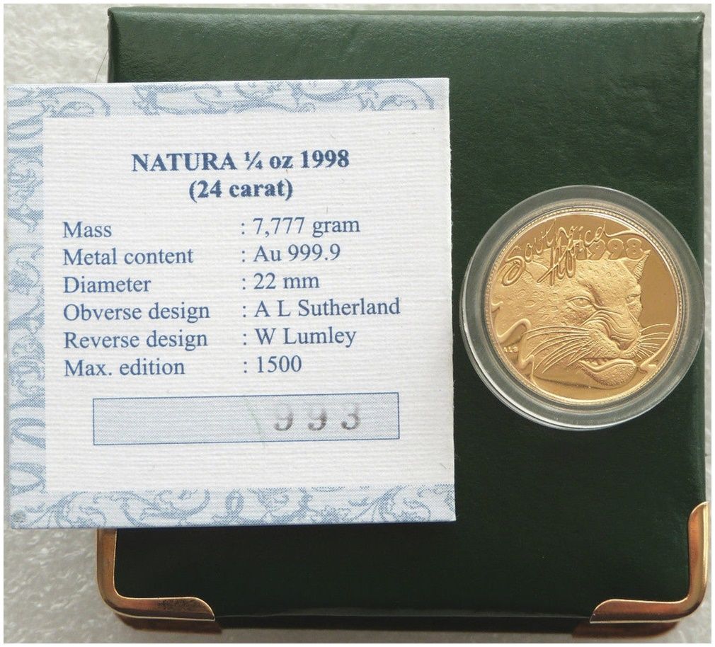 1998 South Africa Natura Leopard Gold Proof 1/4oz Coin Box Coa