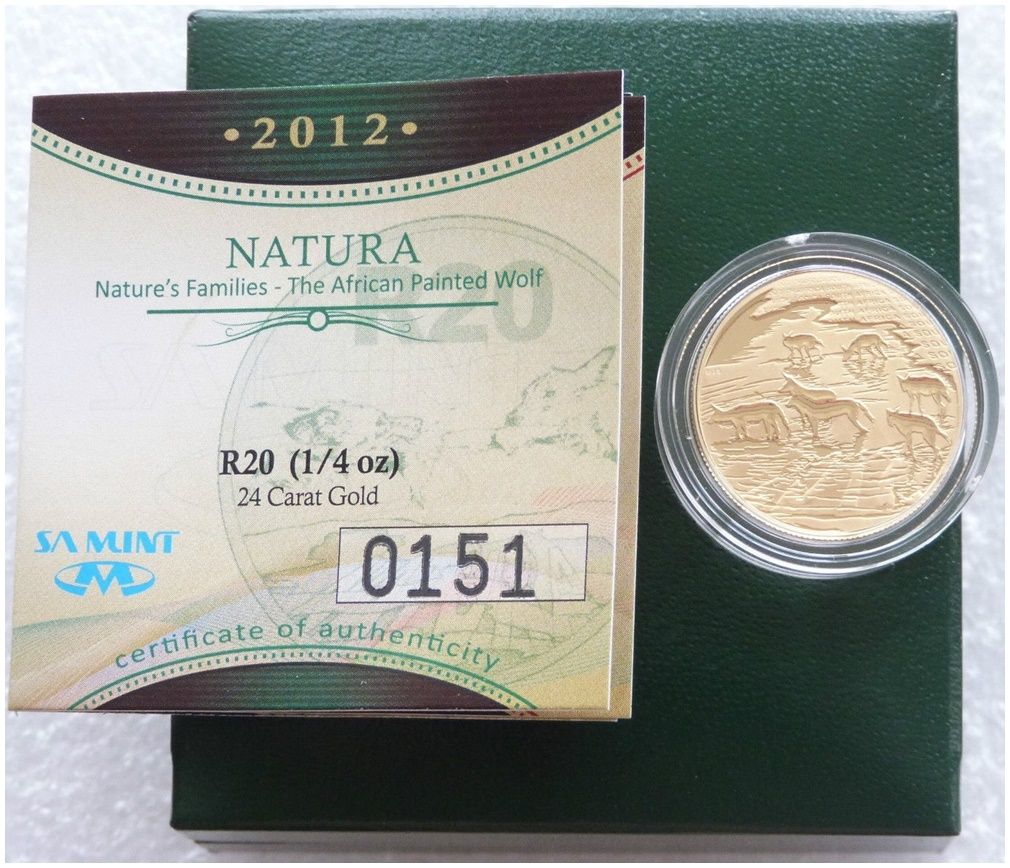 2012 South Africa Natura Painted Wolf 20 Rand Gold Proof 1/4oz Coin Box Coa