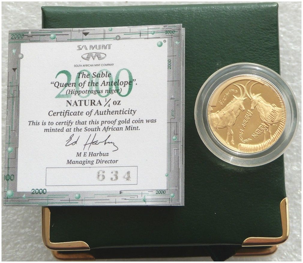 2000 South Africa Natura Sable Gold Proof 1/4oz Coin Box Coa