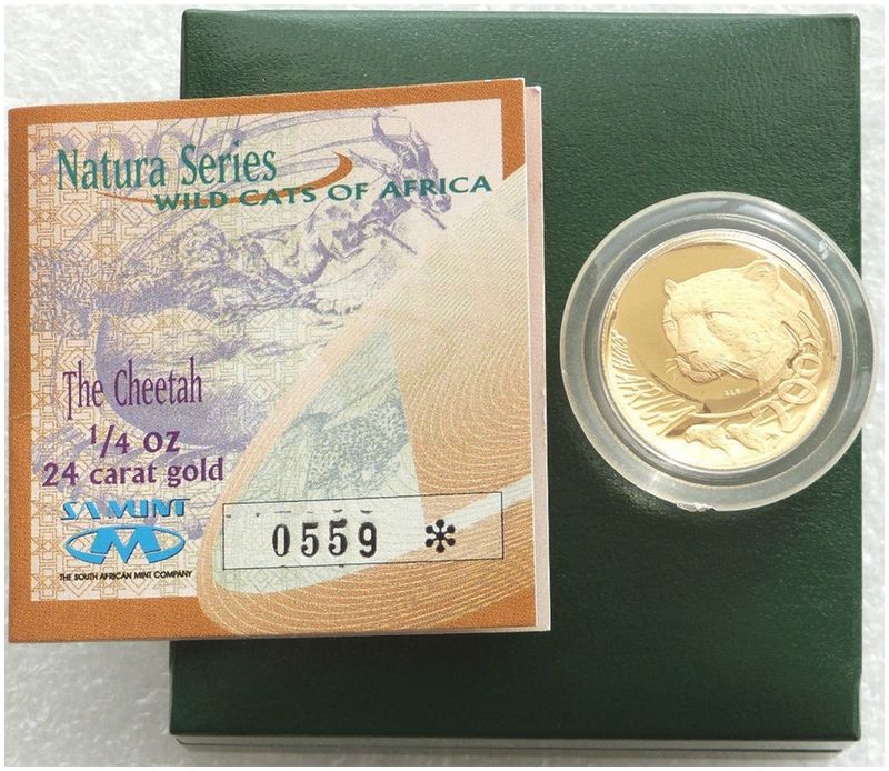 2002 South Africa Natura Cheetah 20 Rand Gold Proof 1/4oz Coin Box Coa