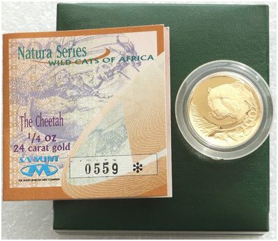 2002 South Africa Natura Cheetah 20 Rand Gold Proof 1/4oz Coin Box Coa