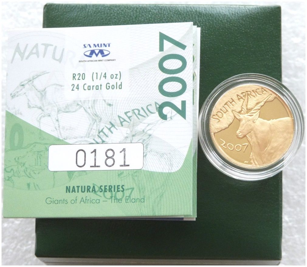 2007 South Africa Natura Eland 20 Rand Gold Proof 1/4oz Coin Box Coa