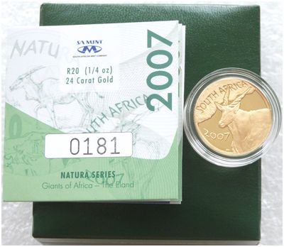 2007 South Africa Natura Eland 20 Rand Gold Proof 1/4oz Coin Box Coa