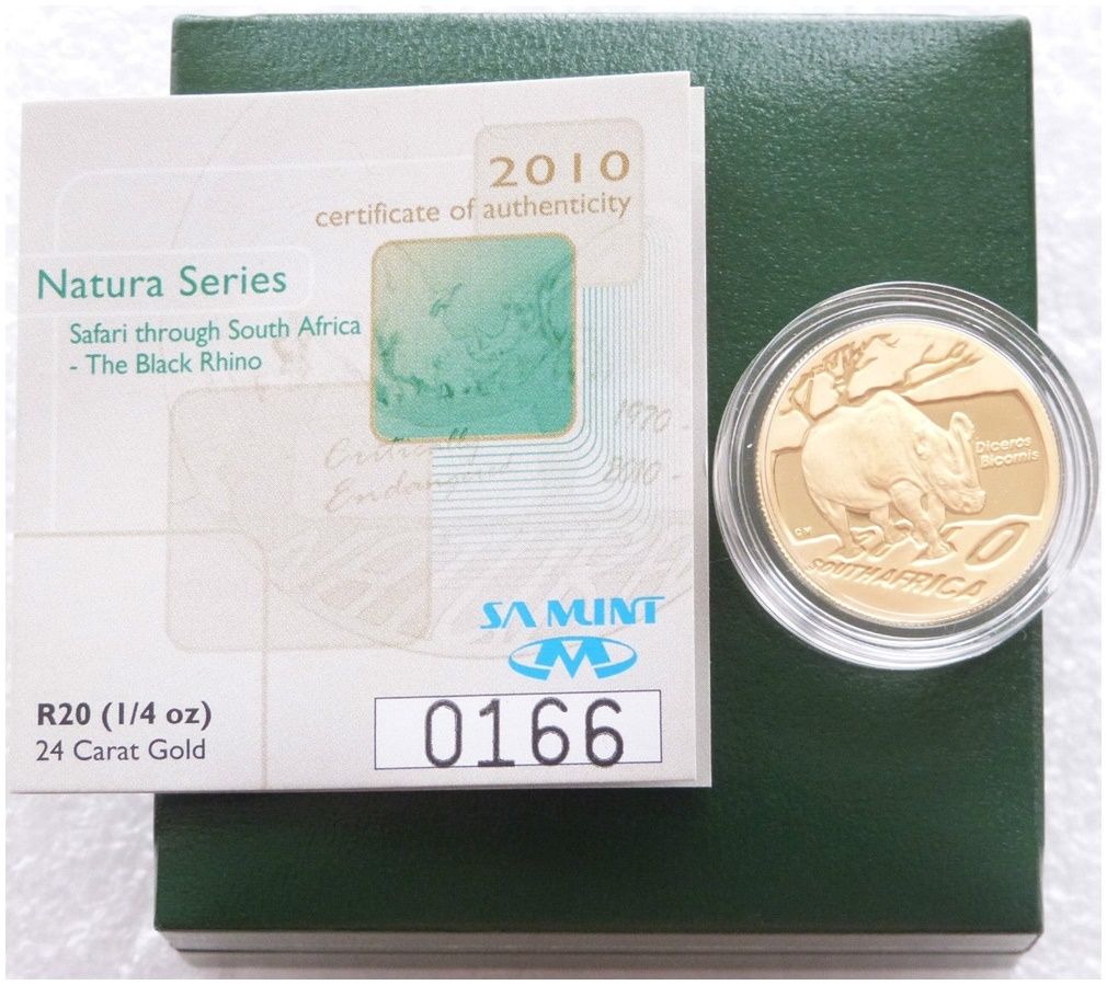 2010 South Africa Natura Black Rhino 20 Rand Gold Proof 1/4oz Coin Box Coa