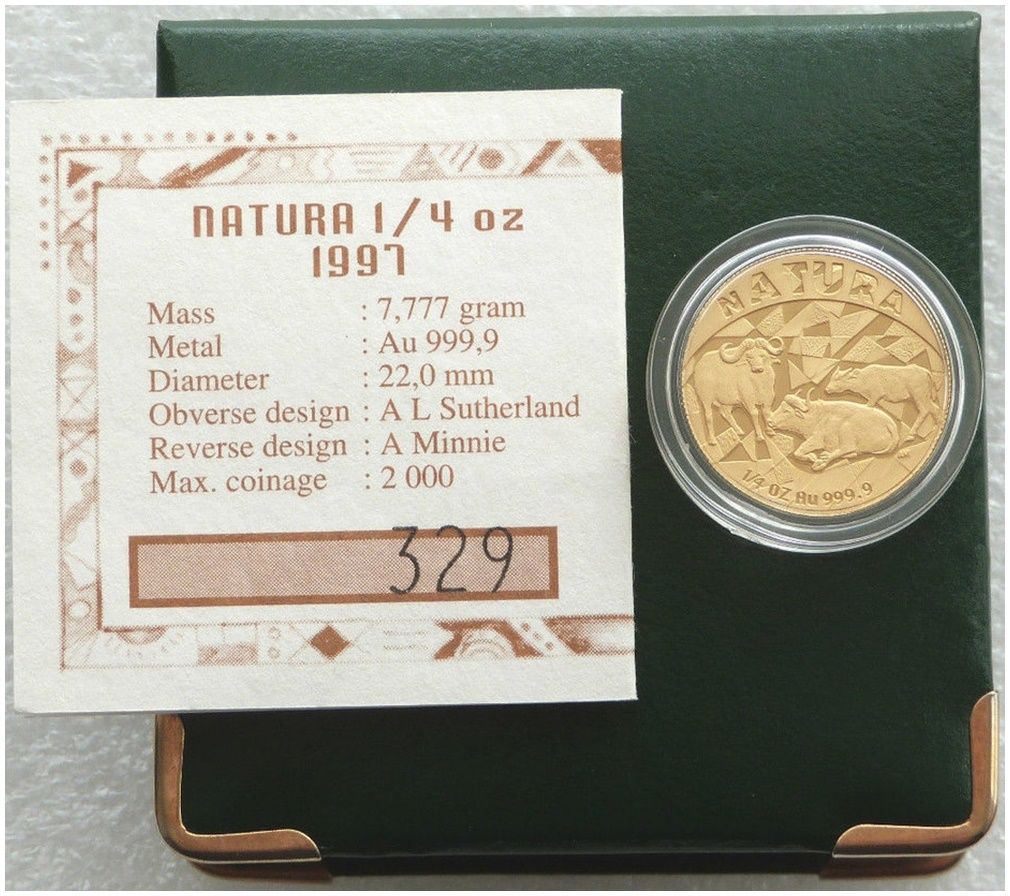 1997 South Africa Natura Buffalo Gold Proof 1/4oz Coin Box Coa