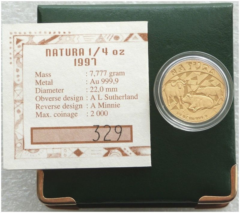 1997 South Africa Natura Buffalo Gold Proof 1/4oz Coin Box Coa