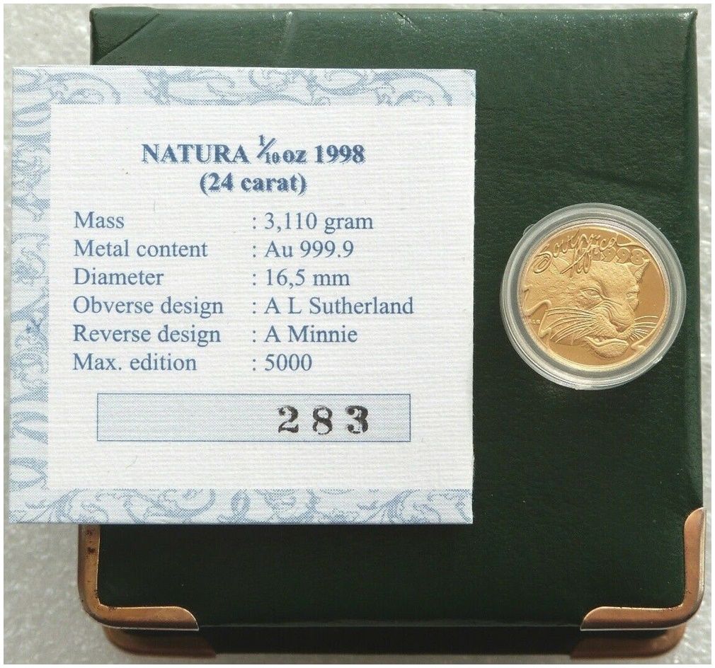 1998 South Africa Natura Leopard Gold Proof 1/10oz Coin Box Coa