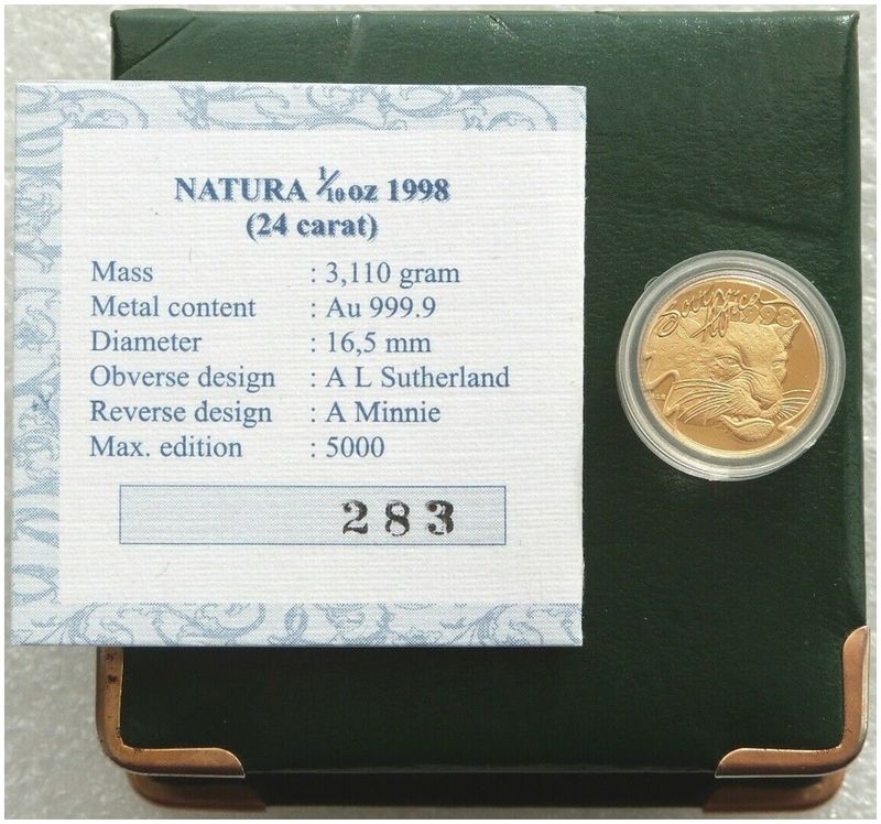 1998 South Africa Natura Leopard Gold Proof 1/10oz Coin Box Coa